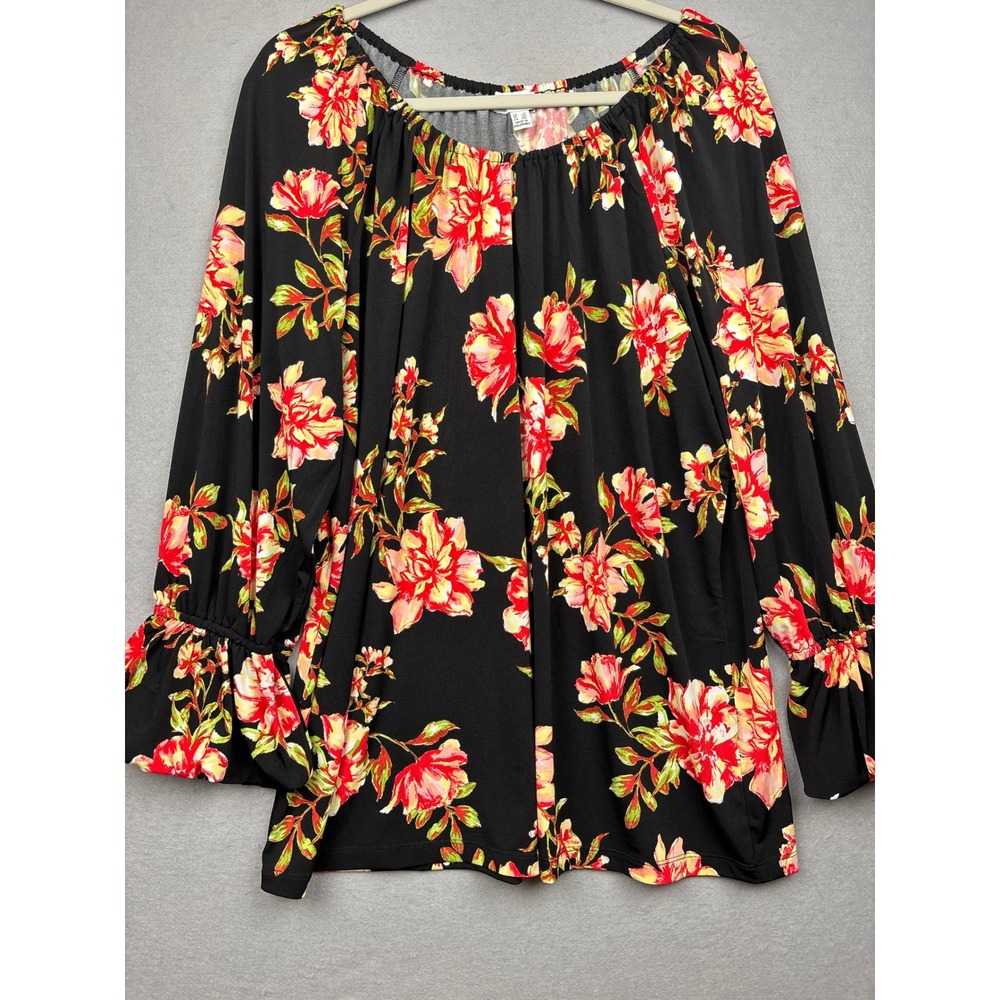Susan Graver Liquid Knit Blouse Womens 1X Bell Sleeve Floral Peasant